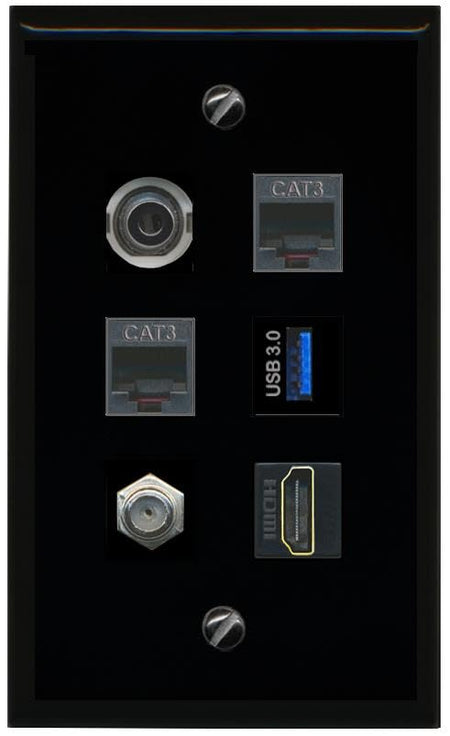 RiteAV 3.5mm Coax HDMI 2 Phone USB 3 Flat/Solid Wall Plate [Black]