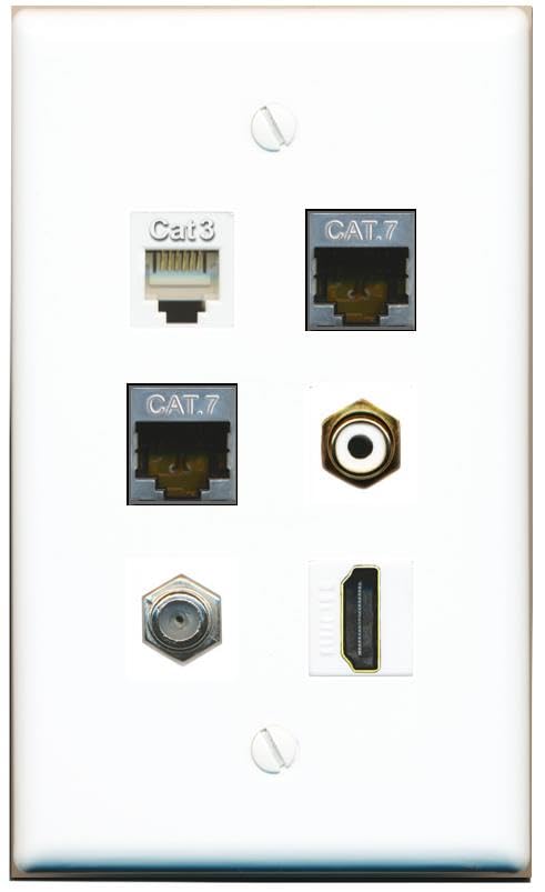 RiteAV 2 CAT7 Coax HDMI Phone RCA-White Flat/Solid Wall Plate [White]