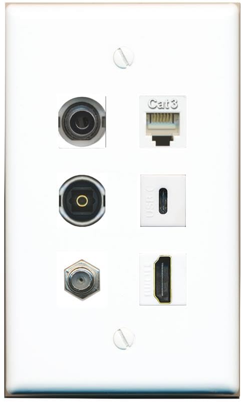 RiteAV 3.5mm Coax HDMI Phone TOSLINK USBC Flat/Solid Wall Plate [White]