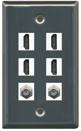 RiteAV - 4 Port HDMI 2 Port Coax Cable TV- F-Type Wall Plate - Stainless Steel