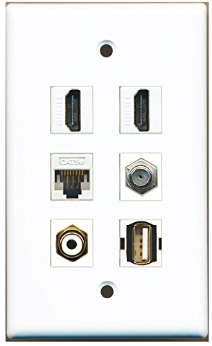 RiteAV - 2 HDMI 1 Port RCA White 1 Port Coax Cable TV- F-Type 1 Port USB A-A 1 Port Cat5e Ethernet White Wall Plate