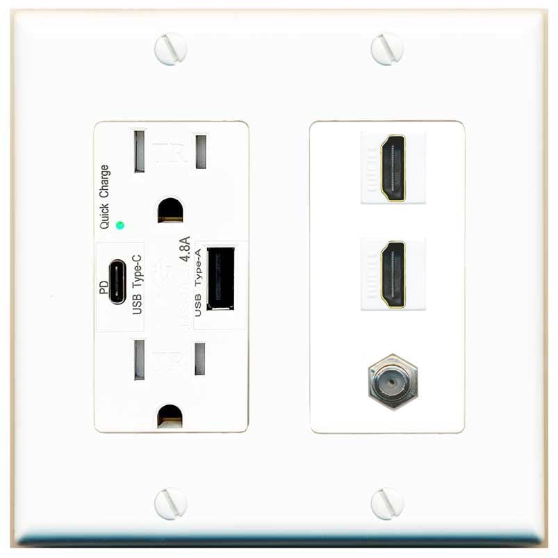 COAX 2 HDMI Wall Plate-USB A+C Charger White