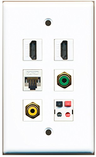 RiteAV - 2 HDMI 1 Port RCA Yellow 1 Port RCA Green 1 Port Cat5e Ethernet White 1 Port Speaker Wall Plate