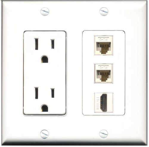 RiteAV - 15 Amp Power Outlet 1 Port HDMI 2 Port Cat6 Ethernet Ethernet White Decorative Wall Plate