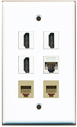 RiteAV - 3 HDMI 2 Port Phone RJ11 RJ12 Beige 1 Port Cat5e Ethernet White Wall Plate