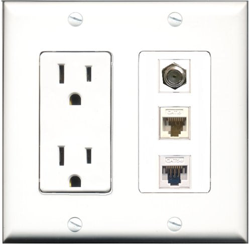 RiteAV - 15 Amp Power Outlet 1 Port Coax 1 Port Cat5e Ethernet White 1 Port Cat6 Ethernet Ethernet White Decorative Wall Plate