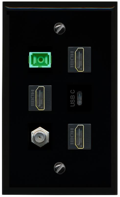 RiteAV Coax 3 HDMI SC APC Simplex Fiber USBC Flat/Solid Wall Plate [Black]