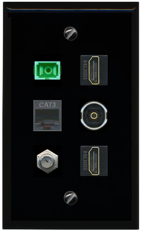 RiteAV COAX 2 HDMI PHONE SC APC Simplex Fiber TOSLINK Flat/Solid Wall Plate [Black]