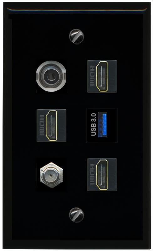 RiteAV 3.5mm Coax 3 HDMI USB 3 Flat/Solid Wall Plate [Black]