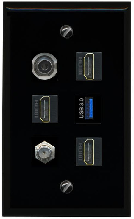 RiteAV 3.5mm Coax 3 HDMI USB 3 Flat/Solid Wall Plate [Black]