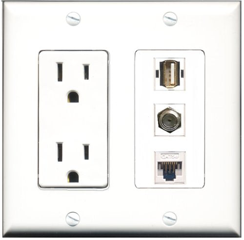 RiteAV - 15 Amp Power Outlet 1 Port Coax 1 Port USB A-A 1 Port Cat5e Ethernet White Decorative Wall Plate