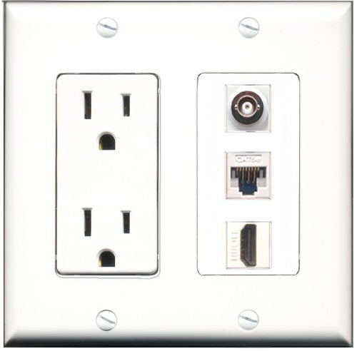 RiteAV - 15 Amp Power Outlet 1 Port HDMI 1 Port BNC 1 Port Cat5e Ethernet White Decorative Wall Plate