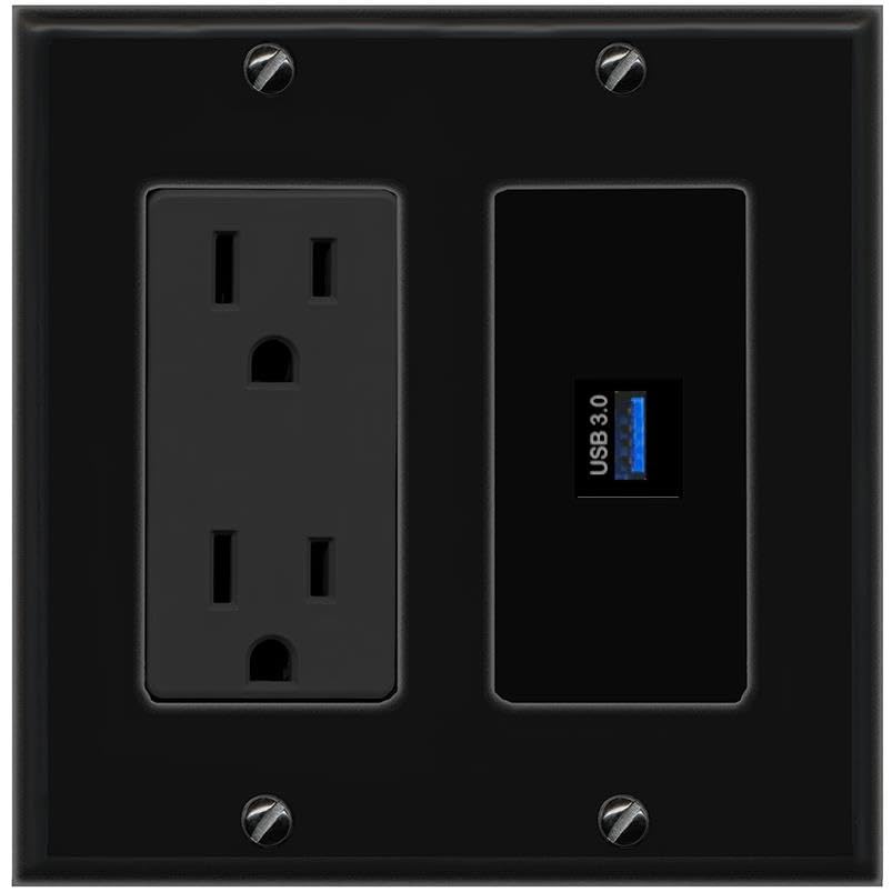 RiteAV USB-3 Wall Plate with Power Outlet [Black]