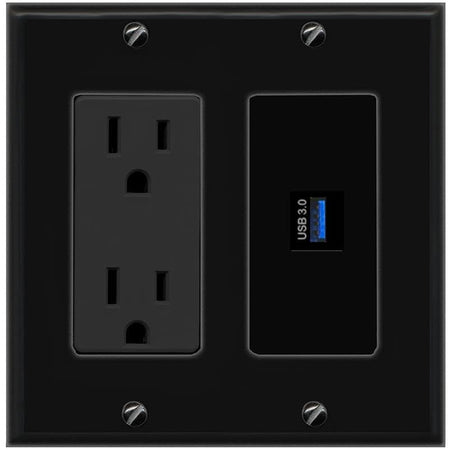 RiteAV USB-3 Wall Plate with Power Outlet [Black]