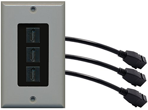 RiteAV (1 Gang Decorative 3 HDMI Black Wall Plate w/Pigtail Extension Cable Gray (Black Insert)