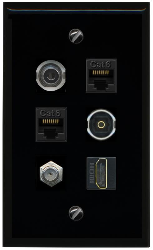 RiteAV 3.5mm 2 CAT6 Coax HDMI TOSLINK Flat/Solid Wall Plate [Black]