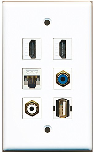 RiteAV - 2 HDMI 1 Port RCA White 1 Port RCA Blue 1 Port USB A-A 1 Port Cat5e Ethernet White Wall Plate