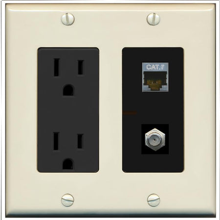 RiteAV Coax and Cat7 Wall Plate - Outlet [Light-Almond/Black]