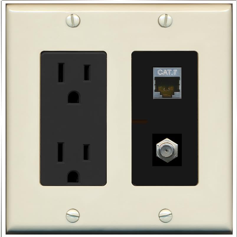 RiteAV Coax and Cat7 Wall Plate - Outlet [Light-Almond/Black]