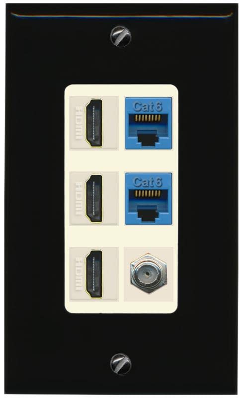 RiteAV 3 HDMI Wall Plate 2 Cat6 1 Coax - 1 Gang [Black/Light-Almond]