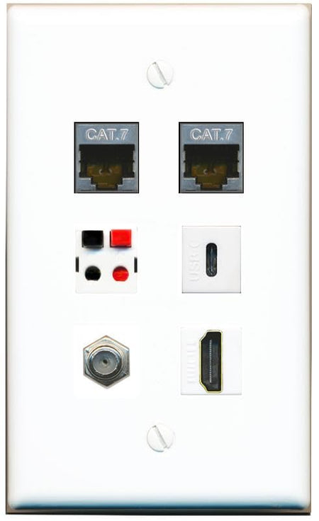 RiteAV 2 CAT7 COAX HDMI SPEAKER USBC Flat/Solid Wall Plate [White]