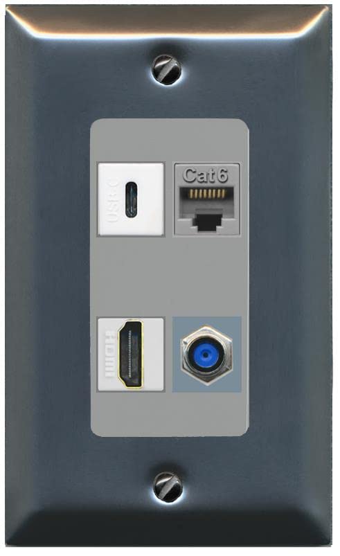 RiteAV USBC HDMI Cat6 Coax F81 Wall Plate - 1 Gang [Stainless/Gray]