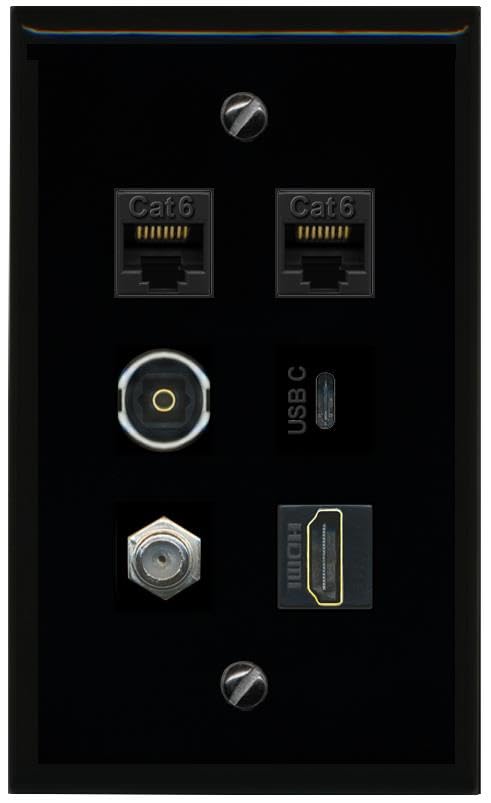 RiteAV 2 CAT6 Coax HDMI TOSLINK USBC Flat/Solid Wall Plate [Black]