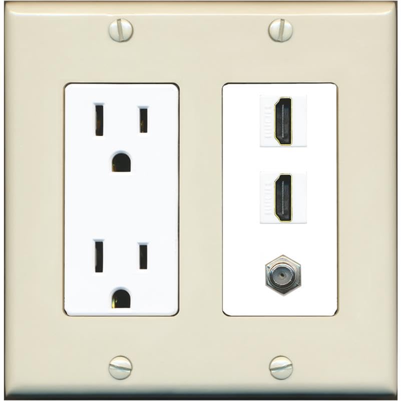 Coax 2 HDMI Wall Plate-Outlet Light-Almond/White