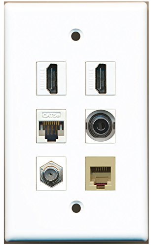 RiteAV - 2 HDMI 1 Port Coax Cable TV- F-Type 1 Port Phone RJ11 RJ12 Beige 1 Port 3.5mm 1 Port Cat5e Ethernet White Wall Plate