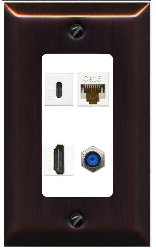 RiteAV USBC HDMI Cat6 Coax F81 Wall Plate - 1 Gang [Bronze/White]