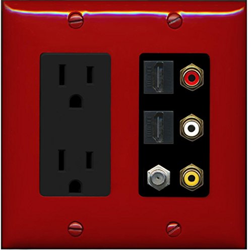 RiteAV - 2 x 15 Amp 125V Power Outlet 3 x RCA - 2 X HDMI and 1 x Coax Cable TV Port Wall Plate - Red/Black