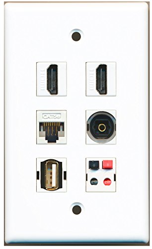 RiteAV - 2 HDMI 1 Port USB A-A 1 Port Toslink 1 Port Cat5e Ethernet White 1 Port Speaker Wall Plate
