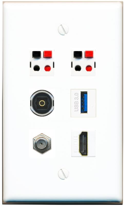 RiteAV COAX HDMI 2 SPEAKER TOSLINK USB-3 Flat/Solid Wall Plate [White]