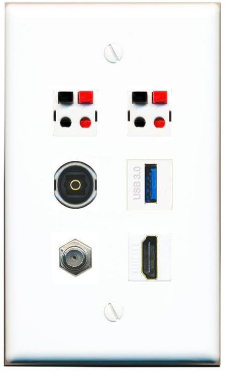 RiteAV COAX HDMI 2 SPEAKER TOSLINK USB-3 Flat/Solid Wall Plate [White]