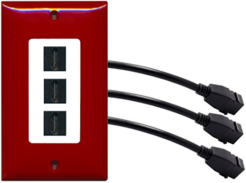 RiteAV (1 Gang Decorative 3 HDMI Black Wall Plate w/Pigtail Extension Cable Red on White