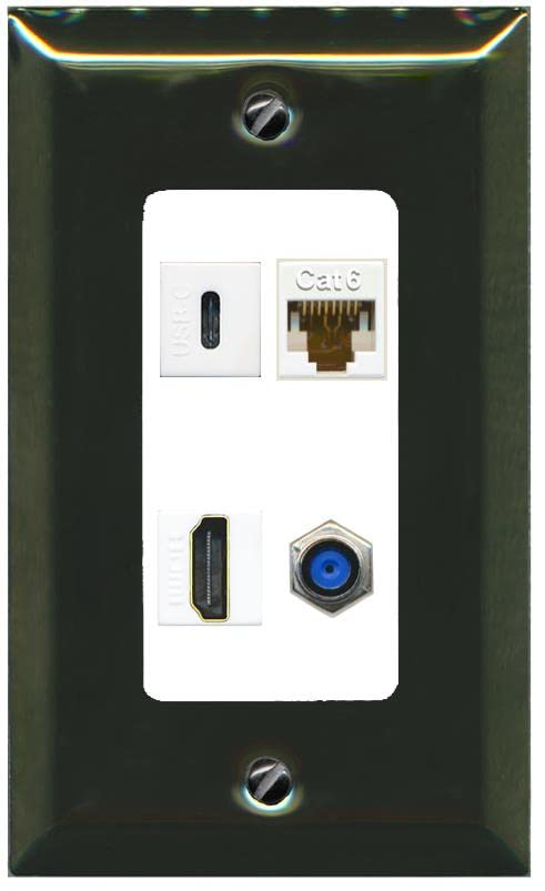 RiteAV USBC HDMI Cat6 Coax F81 Wall Plate - 1 Gang [Brass/White]