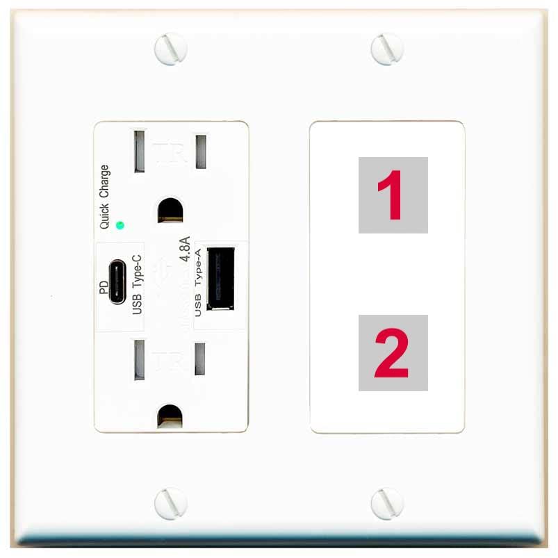 RiteAV Custom Wall Plate 2 Port - USB A+C Charger [White/White]