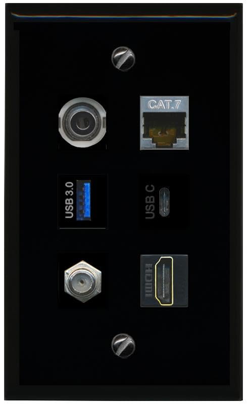 RiteAV 3.5mm CAT7 Coax HDMI USB 3 USBC Flat/Solid Wall Plate [Black]