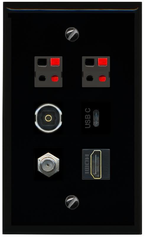 RiteAV COAX HDMI 2 SPEAKER TOSLINK USBC Flat/Solid Wall Plate [Black]