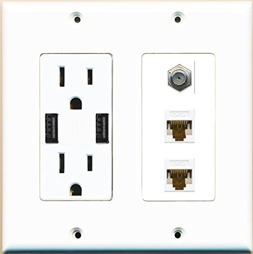 RiteAV Power Outlet 2 USB Charger Coax 2 Cat6 Wall Plate White