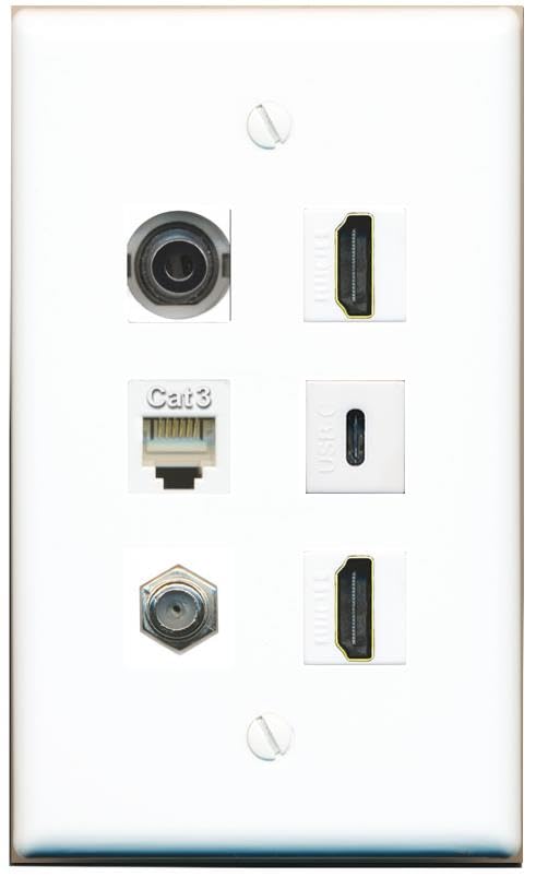 RiteAV 3.5mm Coax 2 HDMI Phone USBC Flat/Solid Wall Plate [White]