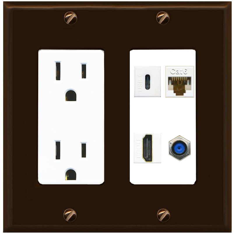 RiteAV USBC HDMI Cat6 Coax F81 Wall Plate - Outlet [Brown/White]