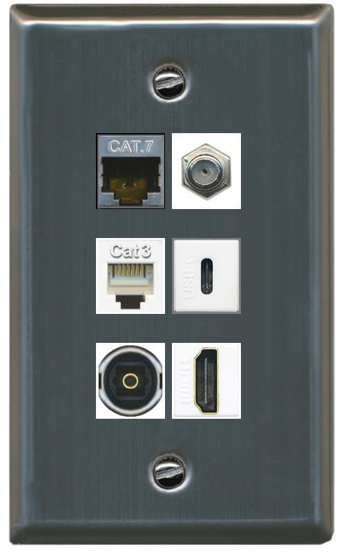 CAT7 COAX HDMI PHONE TOSLINK USBC Wall Plate-Flat Stainless Steel