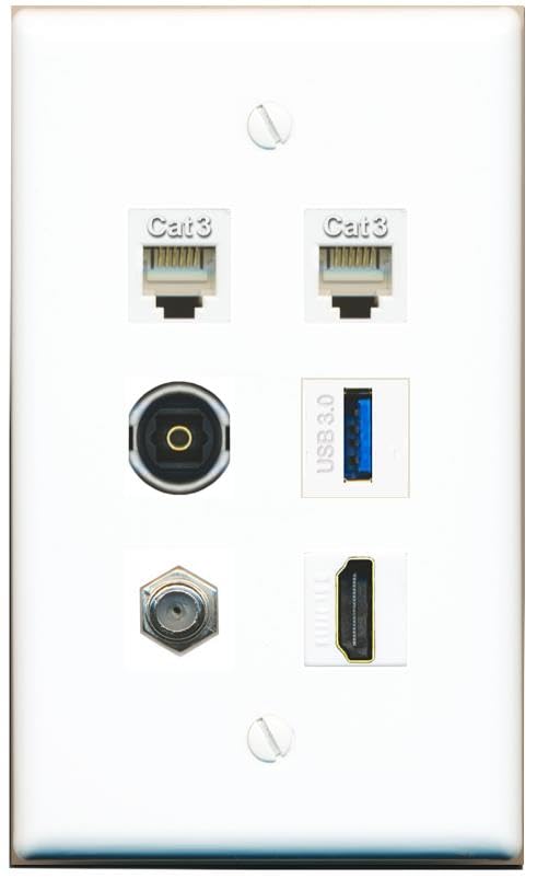 RiteAV Coax HDMI 2 Phone TOSLINK USB-3 Flat/Solid Wall Plate [White]