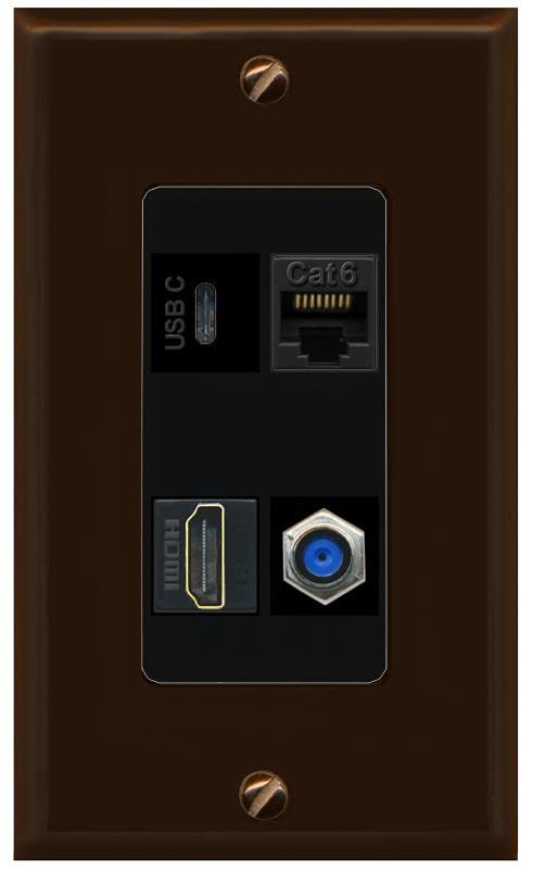 RiteAV USBC HDMI Cat6 Coax F81 Wall Plate - 1 Gang [Brown/Black]