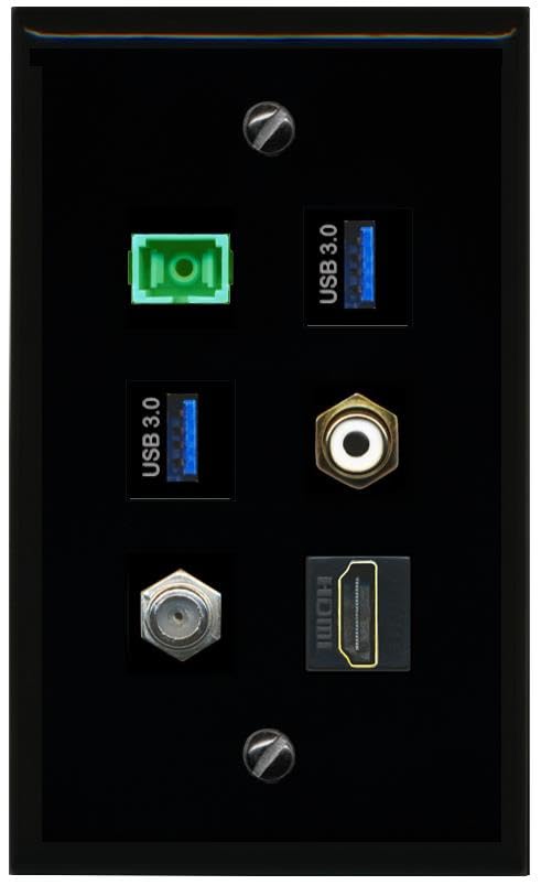 RiteAV Coax HDMI RCA White SC APC Simplex Fiber 2 USB 3 Flat/Solid Wall Plate [Black]