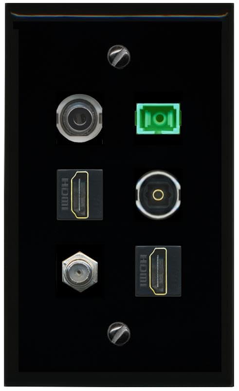 RiteAV 3.5mm COAX 2 HDMI SC APC Simplex Fiber TOSLINK Flat/Solid Wall Plate [Black]