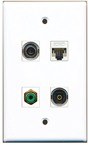 RiteAV - 1 Port RCA Green 1 Port Toslink 1 Port 3.5mm 1 Port Cat5e Ethernet White Wall Plate