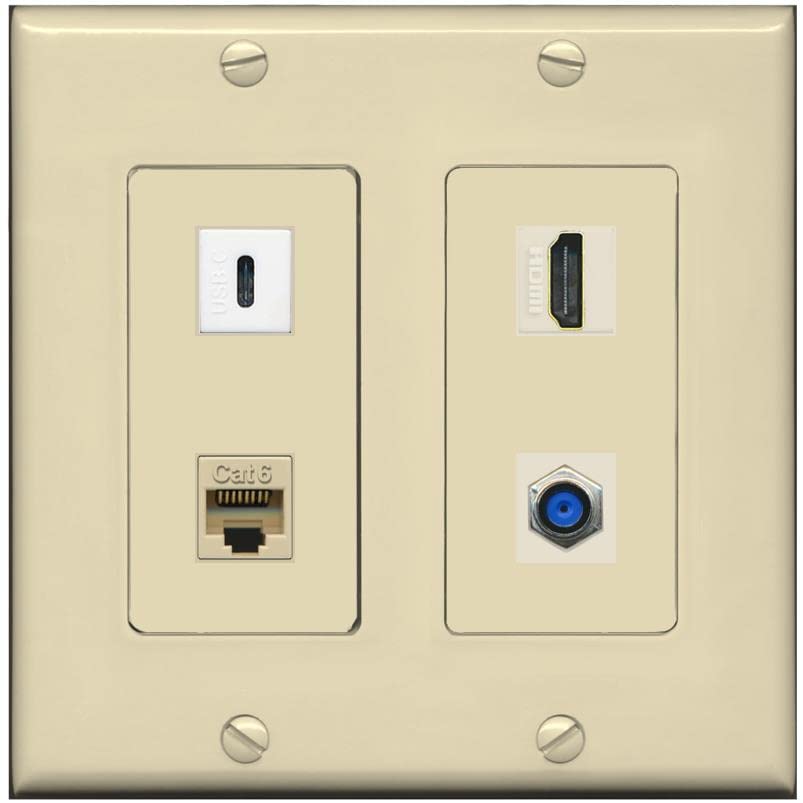 RiteAV USBC HDMI Cat6 Coax F81 Wall Plate - 2 Gang [Ivory/Ivory]