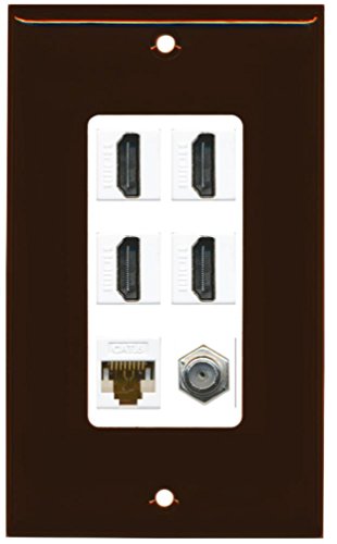 RiteAV 4 Port HDMI 1 Coax Cable TV- F-Type 1 Cat6 Ethernet Wall Plate - 1 Gang [Brown/White]